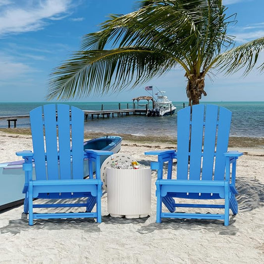 Adirondack Plastic Outdoor Patio Chair with Cup Holder Without Screws Install， Higher Back Weather Resistant Composite Adirondack Chairs for Backyard Lawn Beach Set of 2 Klein Blue