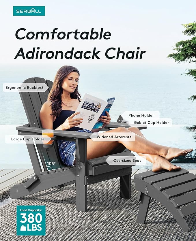 SERWALL Foldable Adirondack Chair Set of 8, Oversized HDPE Adirondack Chair with Wood-Texture-Gray - Photo 3