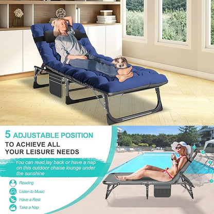 ABORON 3-in-1 Folding Patio Lounge Chair, 440LB Heavy-Duty Tri-Fold Guest Bed with Plush Cotton Cushion, No Assembly Adjustable Recliner for Office Nap, Patio Sunbathing, Poolside & Camping