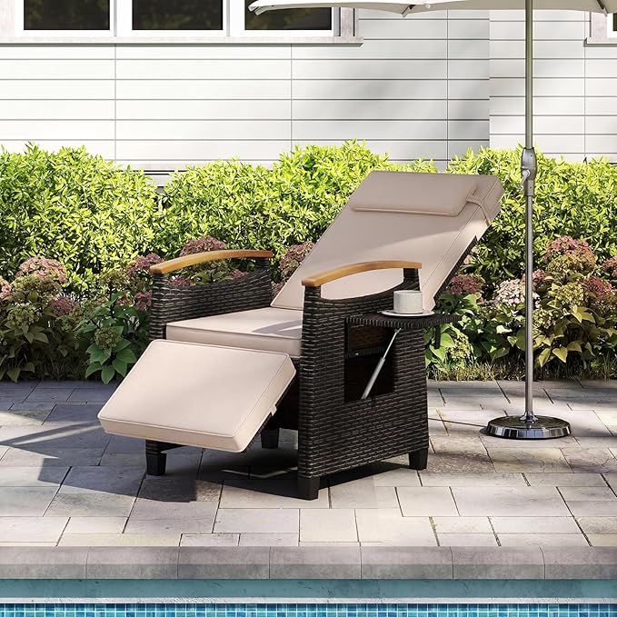 HAPPYGRILL Outdoor Rattan Wicker Chaise Lounge Recliner Chair with Adjustable Backrest & Footrest - Photo 4