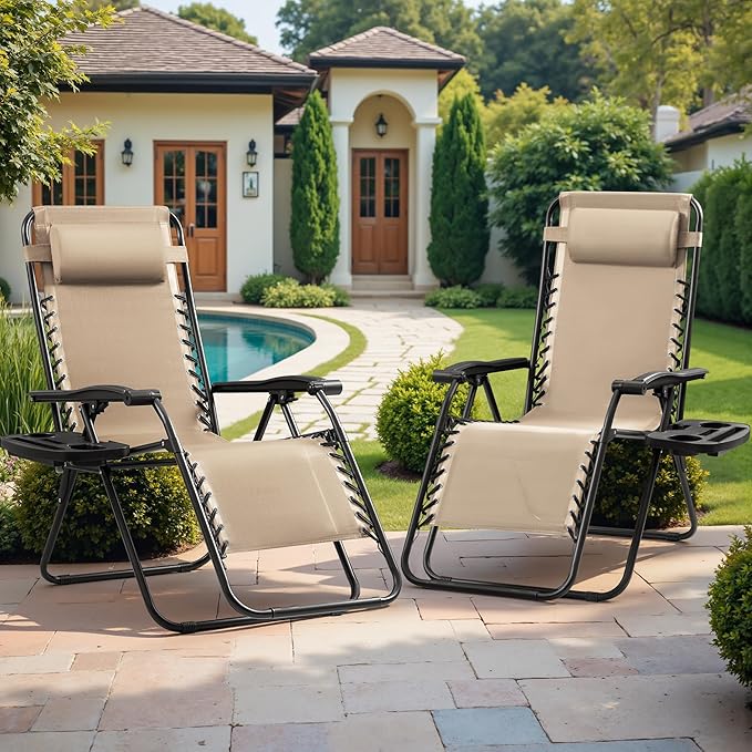 Devoko Set of 2 Zero Gravity Lounge Chairs, Outdoor Folding Adjustable Steel Mesh Recliner Chairs with Cup Holder & Removable Pillow for Patio Garden Lawn Beach (Beige)