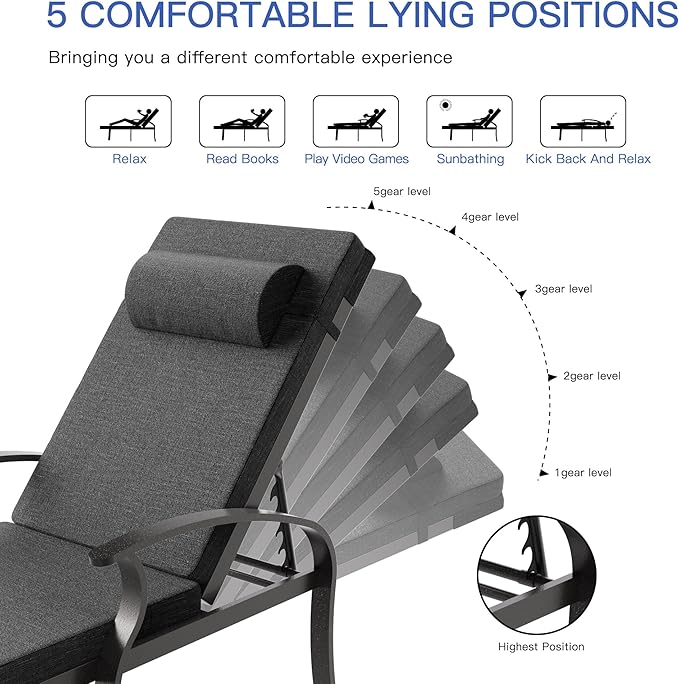 Patio Lounge Chairs Set of 3,Outdoor Lounge Chairs with 5 Adjustable Positions Backerst,Armrest Lounge Chair for Beach,Yard,Balcony,Poolside,Black