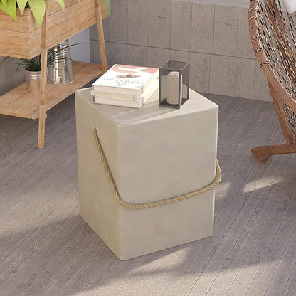 HOMPUS Outdoor Side Table Set of 2, 2 Pieces Patio Concrete Natural End Table w Hemp Rope Handle, Square Accent Table Set, Small Coffee MgO Table for Garden, Porch and Deck, Light Grey