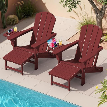 KINGYES Adjustable Folding Adirondack Chair with Footrest & 4-in-1 Multi-Functional Armrest Organizer Set of 2, HDPE Foldable Recliner Adirondack Chair with Pull-Out Ottoman, Red
