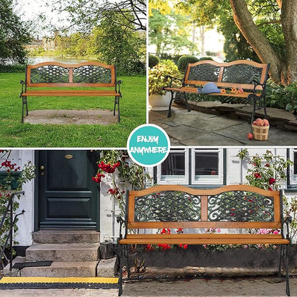 JOYBASE 50" Outdoor Patio Bench, Wood and Iron Garden Bench for Park Porch Outside Yard (Black&Natural)