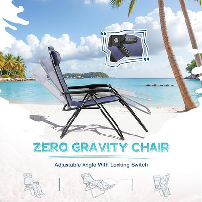 Greesum Zero Gravity Chairs Set of 2 Adjustable Steel Mesh Recliners Beach Deck Lawn Camping Patio Foldable Lounge Chair with Cup Holder Trays and Pillows,Blue