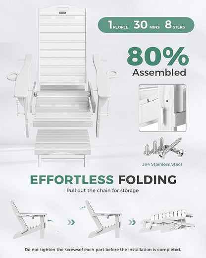 Folding Adirondack Chair with Retractable Ottoman, Weather Resistant Fire Pit Chair Patio Chair with 2 Cup Holder Lawn Outdoor Lounge Chair (White)
