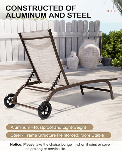 Crestlive Products Outdoor Chaise Lounge Chairs with Wheels Set of 2, Pool Lounge Chairs with 5 Adjustable Position for Patio, Poolside, Yard, Beige