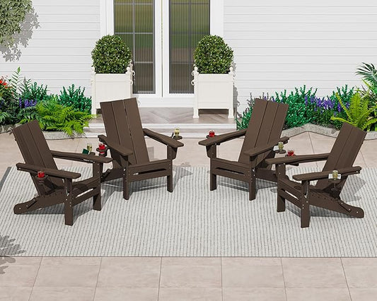 SERWALL Modern Adirondack Chairs Set of 4, Folding Adirondack Chair with Cup Holders, Outdoor HDPE Adirondack Chair for Patio Lawn Garden, Coffee