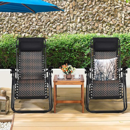Tangkula Patio Rattan Zero Gravity Lounge Chair, Outdoor Folding Lounge Chair w/Removable Head Pillow, Adjustable Lounge with Widened Armrest & Locking System for Balcony Yard Poolside (2, Brown)