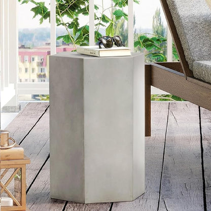 HOMPUS Concrete Side Table, Hexagon Outdoor Side Table, Modular Design Accent Table, Indoor Patio End Table, Light Grey Home Décor for Living Room, Bedroom or Backyard (14.5" L x 12.5" W x20 H)