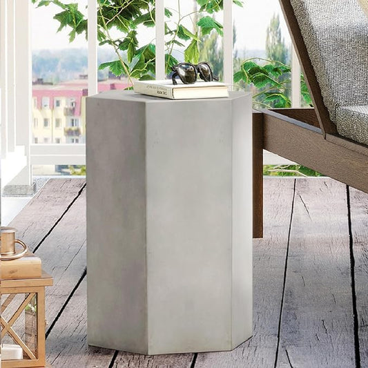 HOMPUS Concrete Side Table, Hexagon Outdoor Side Table, Modular Design Accent Table, Indoor Patio End Table, Light Grey Home Décor for Living Room, Bedroom or Backyard (14.5" L x 12.5" W x20 H)