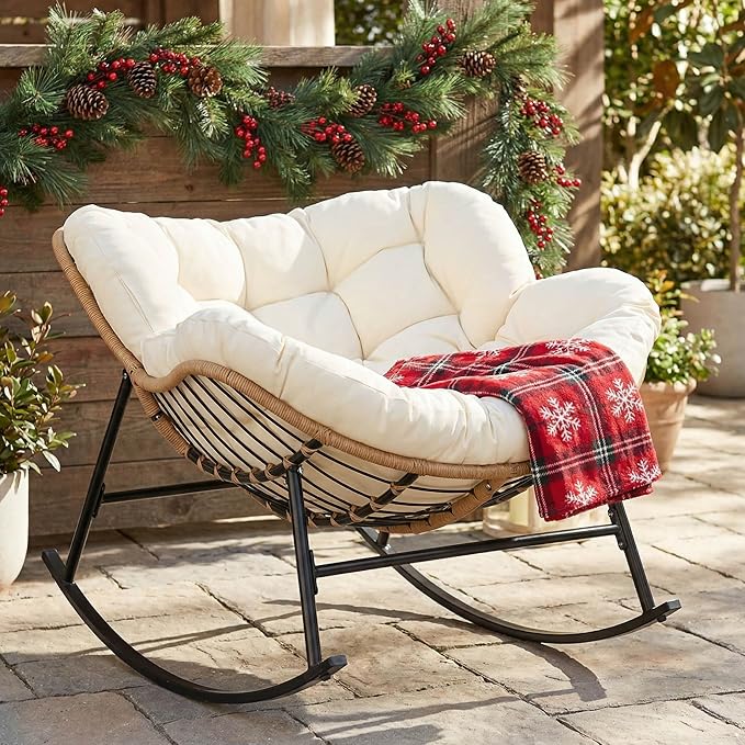 NICESOUL Papasan Rocking Chair with Cushion Indoor Outdoor, Oversized Padded Egg Rocking Chair - Photo 8