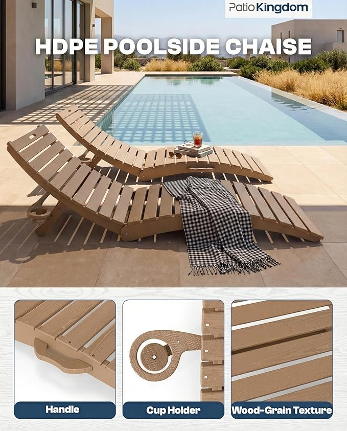in-Pool Lounge Chairs Set of 2, Folding HDPE Pool Chairs Anti-Floating No Sandbags with Cup Holder & Handles, Outdoor Chaise Lounge for Poolside, Patio & Sun Deck(Teak)