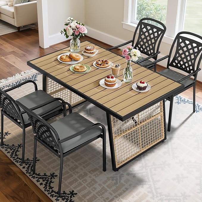 YITAHOME Dining Table 59.1"x34.3" Rectangular Patio Table with Metal Frame & Rattan Mesh All-Weather Outdoor Patio Dining Table for 6 Outdoor Table with Adjustable Feet for Outdoor/Indoor