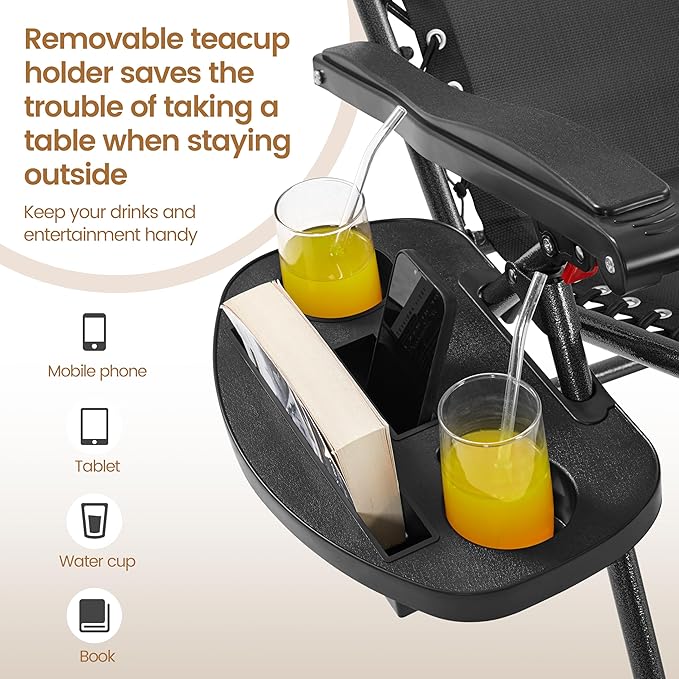 Yaheetech 29" Zero Gravity Chair Folding Reclining Lounge Recliner with Removable Pad & Headrest & Side Cup Holder Tray for Indoor and Outdoor Black/1