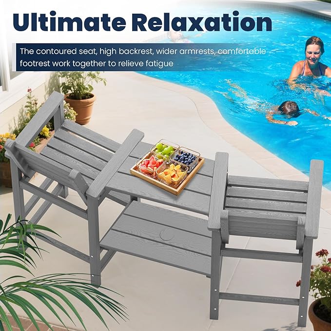 PLUUV Tall Adirondack Chairs Set of 2, All Weather HDPE Poly Bar Height Balcony Adirondack Chair with Removable Double Connecting Trays, Outdoor Adirondack Barstools for Deck, Patio, Yard, Pool, Lawn