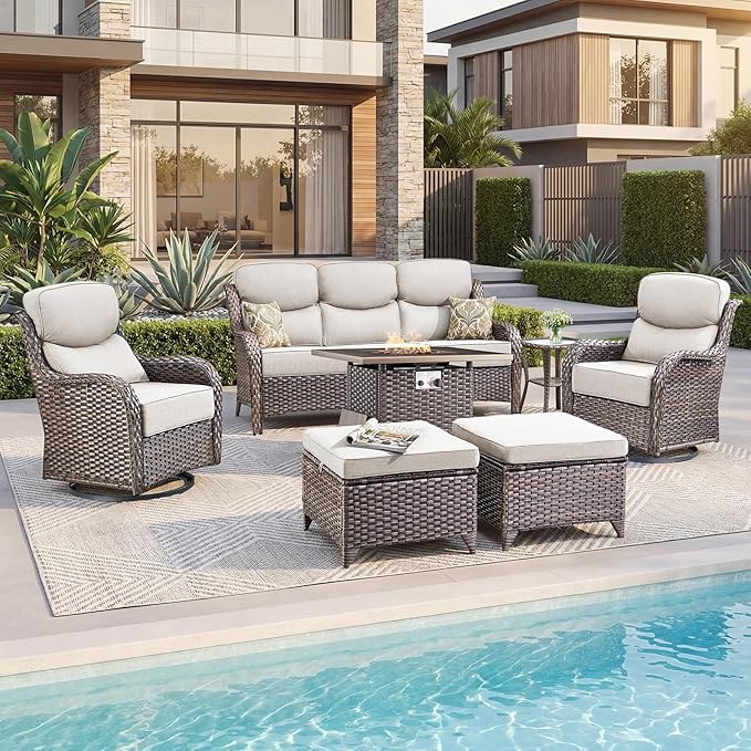 Luxury Patio Furniture Set with 6-inch Thick Cushion, Outdoor Furniture with Fire Pit Table, Swivel Chairs, Sofa - Photo 6