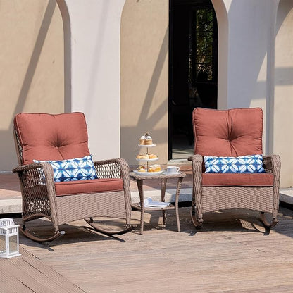 UDPATIO 3 Piece Patio Furniture Set, Wicker Rocking Bistro Set with 2 Rockers, 1 Side Table and 4‘’ Thick Cushions for Backyard, Porch, Balcony, Poolside, Brown/Dark Red