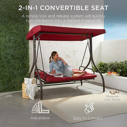 Best Choice Products 3-Seat Outdoor Large Converting Canopy Swing Glider, Patio Hammock Lounge Chair for Porch, Backyard w/Flatbed, Adjustable Shade, Removable Cushions - Black