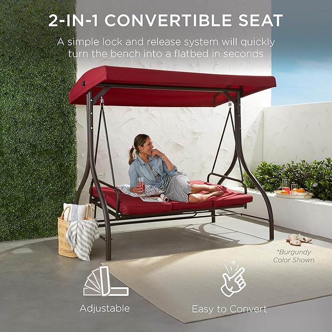 Best Choice Products 3-Seat Outdoor Large Converting Canopy Swing Glider, Patio Hammock Lounge Chair for Porch - Photo 2