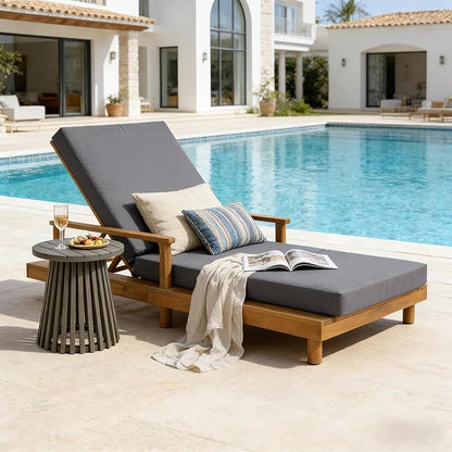 Christopher Knight Home Tuki Acacia Wood Chaise Lounge Chair Outdoor, Poolside Sun Lounger Recliner, Outdoor Chaise Lounge with 3-Fold Cushions, Adjustable Backrest Single Lounge Sofa, Dark Grey+Teak