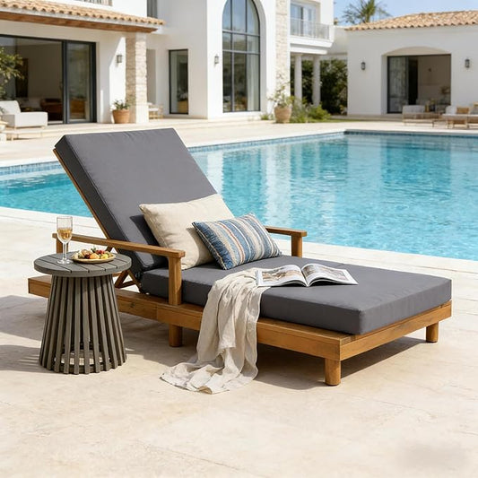 Christopher Knight Home Tuki Acacia Wood Chaise Lounge Chair Outdoor, Poolside Sun Lounger Recliner, Outdoor Chaise Lounge with 3-Fold Cushions, Adjustable Backrest Single Lounge Sofa, Dark Grey+Teak