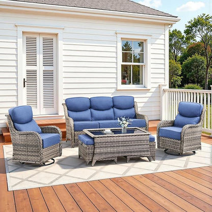 Luxury High Back Patio Furniture Set with 6-Inch Thick Cushions, 6-Pieces Outdoor Furniture with Swivel Chairs, Wicker Conversation Set for Porch, Balcony, Deck and Yard, Grey/Blue