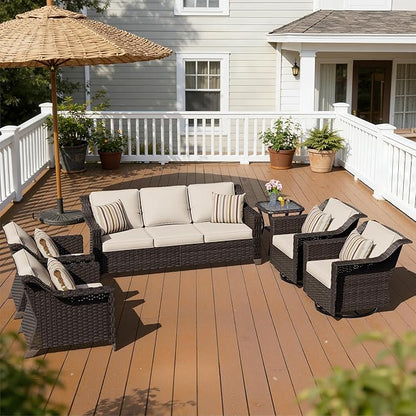6 Pieces Patio Conversation Furniture Set - 1 Sofa, 2 Swivel Chairs, 2 Armchairs, 1 Side Table, Outdoor Wicker Furniture with Removable Cushions for Porch, Balcony, Sunroom (Beige)