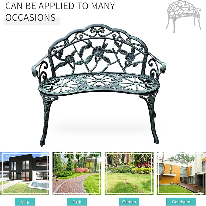 Green Metal Garden Bench, Outdoor Seating for Two, Patio Bench with Floral Accents, 46 Inch Wide
