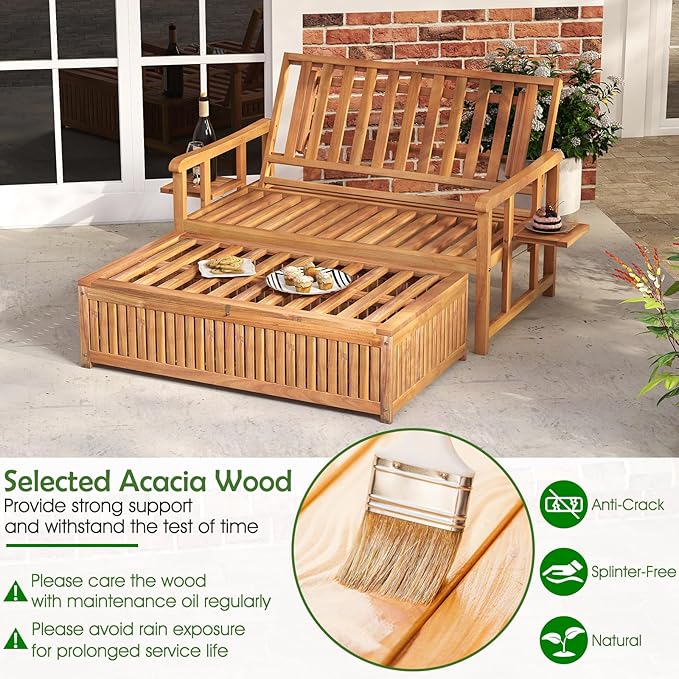 LDAILY Moccha Acacia Wood Outdoor Daybed - Wooden Loveseat Sofa with 4-Level Backrest, Storage Ottoman, Cushions - Photo 6
