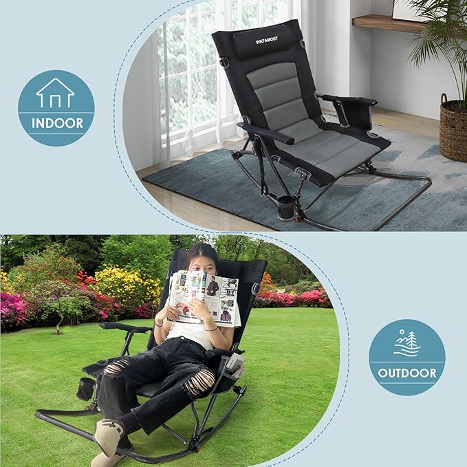Oversized Folding Low Rocking Camping Chair with Footrest Removable Pillow Portable Outdoor Rocker Padded High Back Ergonomic Armrests for Patio Garden Lawn