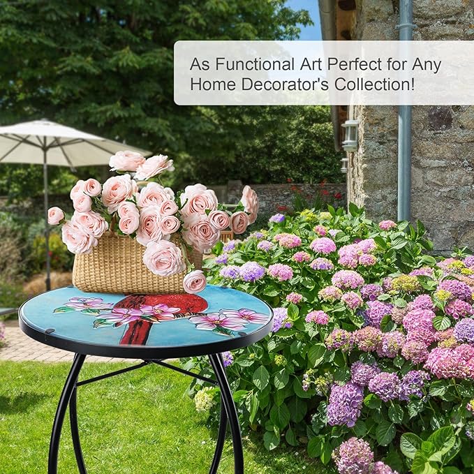 VCUTEKA Patio Side Table Outdoor Accent Table Bistro Coffee Table Plant End Table Small Porch Table Indoor Round Glass Balcony Plant Table Stands Cardinal 14''