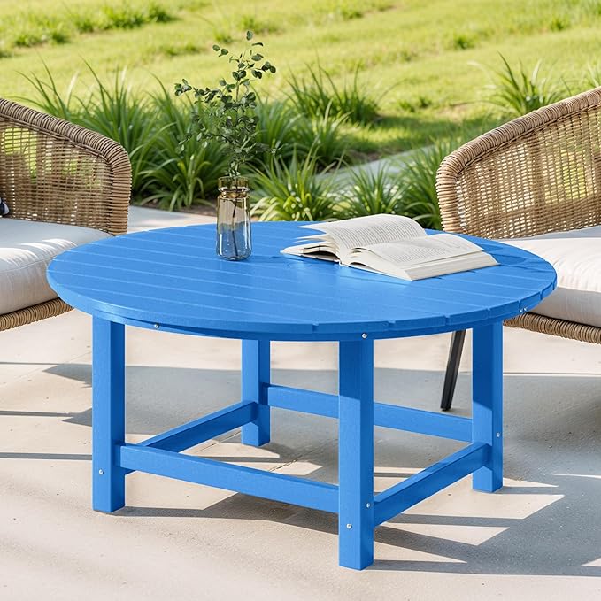 Costaelm Patio Conversation Table, Tatio Accent Tables, HDPE Outdoor Weather Resistant, Round Outdoor Porch Balcony Patio Drink Table for Outside, Pool, Backyard, Pacific Blue
