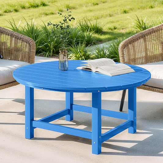 Costaelm Patio Conversation Table, Tatio Accent Tables, HDPE Outdoor Weather Resistant, Round Outdoor Porch Balcony Patio Drink Table for Outside, Pool, Backyard, Pacific Blue