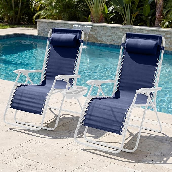 Best Choice Products Set of 2 Extra Wide Adjustable Steel Mesh Zero Gravity Lounge Chair Recliners w/Pillows and Cup Holder Trays - Navy/White