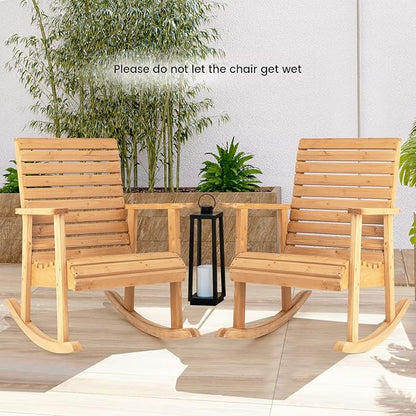 Giantex Wood Rocking Chair Outdoor - Outside Rocker with High Backrest, Wide Armrests, 330 Lbs Weight Capacity, Patio Rocking Chairs for Lawn, Backyard, Indoors, Deck, Garden, Porch Chair (1, Natural)
