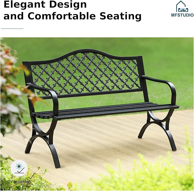 MFSTUDIO Outdoor Metal Bench Set of 2, 50" Black Outdoor Metal Garden Bench with Arch Legs - Photo 8