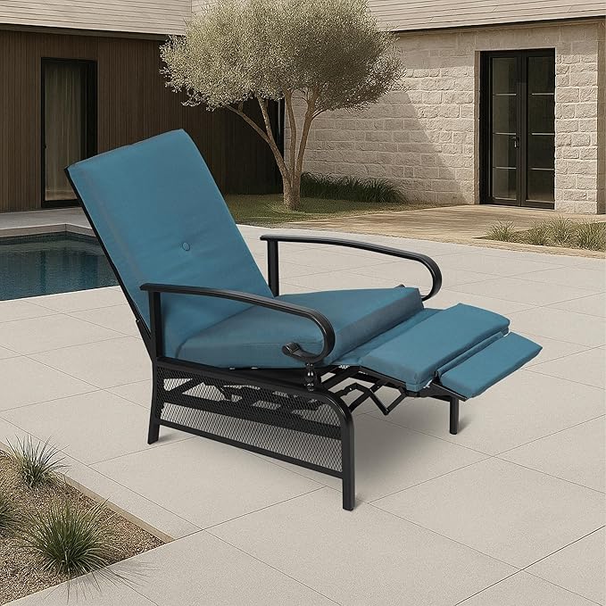 Incbruce Outdoor Lounge Chair Patio Furniture Adjustable Recliner with Retractable Steel Frame and Removable Thick Cushions - Peacock Blue