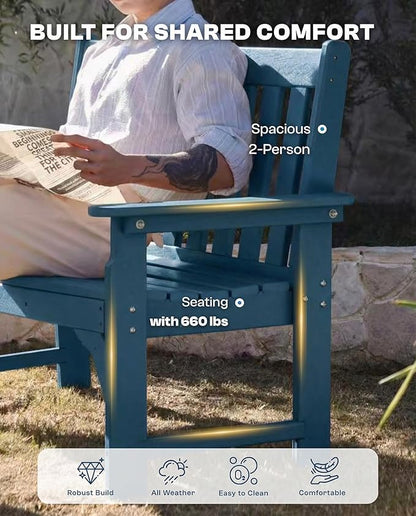 HDPE Garden Bench, All Weather 2-Person Outdoor Benches, Rust Free & Fade Resistant Patio Benches for Garden, Porch, Backyard, Deck, Lawn, Balcony, Poolside (Navy Blue, 1 Beach)