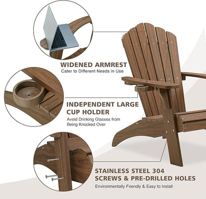 Psilvam Oversized Adirondack Chair, Fade-Resistant & Odor-Free Poly Lumber Fire Pit Chair with Cup Holder, Weatherproof Lawn Chair, Easy 15 Min Install Patio Chair, 350 Lbs Support (4, Light Brown)