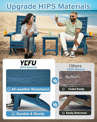 YEFU Oversized Folding Adirondack Chair: Plastic Outdoor Heavy Duty Fire Pit Chair with Comfort Arc Backrest & Cup Holder - All Weather HIPS Adirondack Chairs for Lawn Backyard Garden Navy