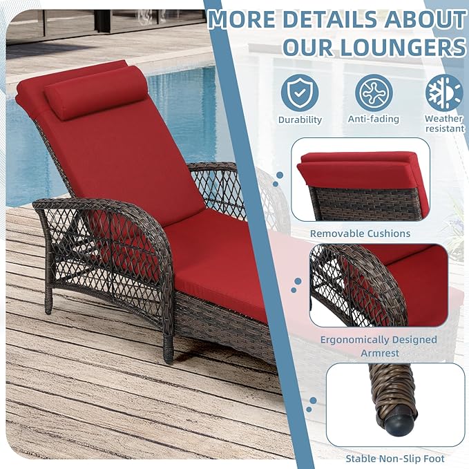 Outdoor Chaise Lounge Chair, PE Wicker Long Recliner Patio Lounge Chair with Cushion - Photo 7