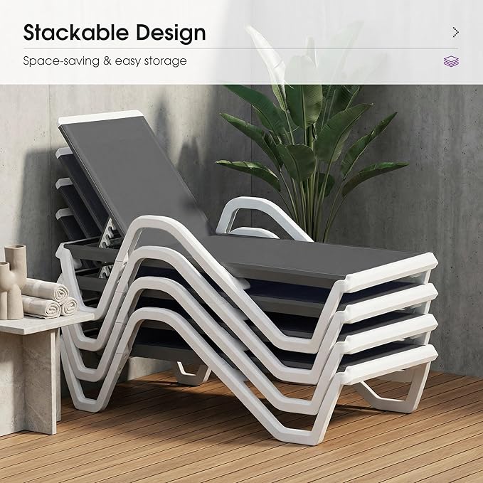 PURPLE LEAF Patio Chaise Lounge Set of 2 Plastic Pool Outdoor Lounge Chair with Armrest Stackable Poolside Tanning Chairs for Beach Deck Yard Sunbathing, Dark Grey