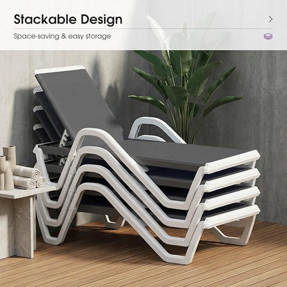 PURPLE LEAF Patio Chaise Lounge Set of 2 Plastic Pool Outdoor Lounge Chair with Armrest Stackable Poolside Tanning Chairs for Beach Deck Yard Sunbathing, Dark Grey