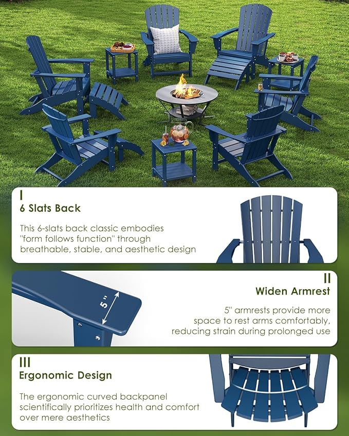 GREENVINES Adirondack Chairs Set of 6 | HDPE Plastic | All Weather | Oversized Fire Pit Chair | Blue | Poly Lumber | for Outdoor Deck Backyard Patio Garden