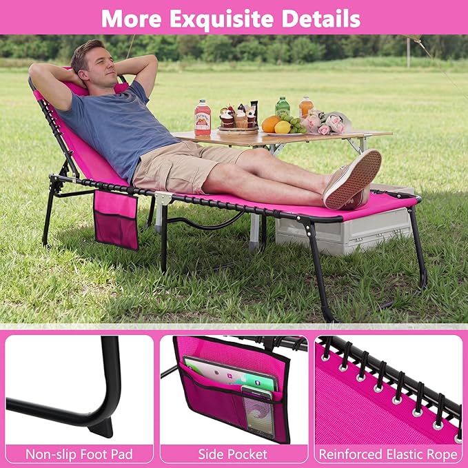 Giantex Patio Lounge Chairs for Outside - Set of 2 Folding Tanning Chair w/Headrest, 4 Adjustable Positions, Side Pocket, Outdoor Chaise Lounge for Camping, Pool, Sunbathing Beach Chair, Pink