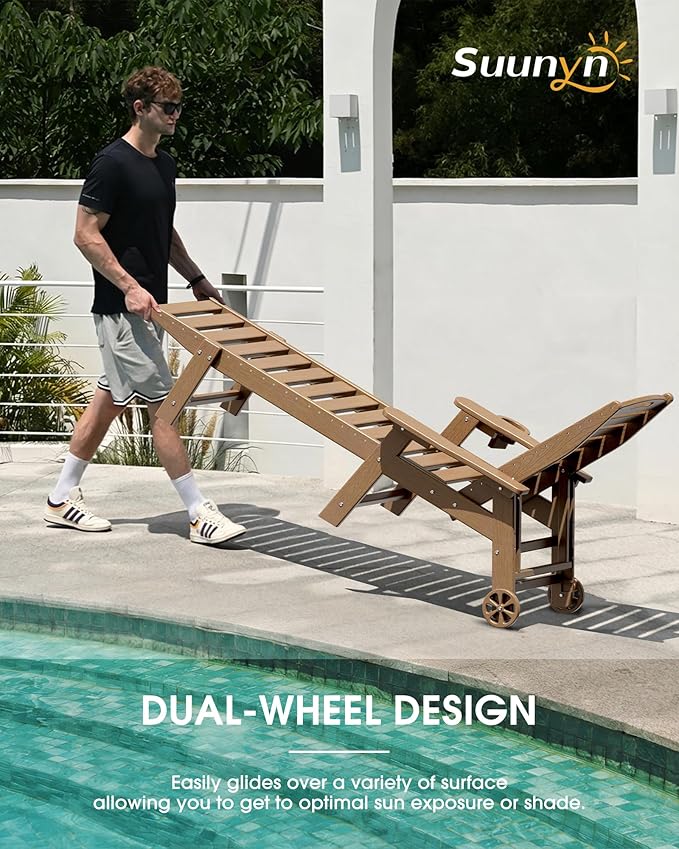 Chaise Lounge Outdoor, Lounge Chair Outdoor with Wood Texture, Adjustable 5-Position Backrest - Photo 3