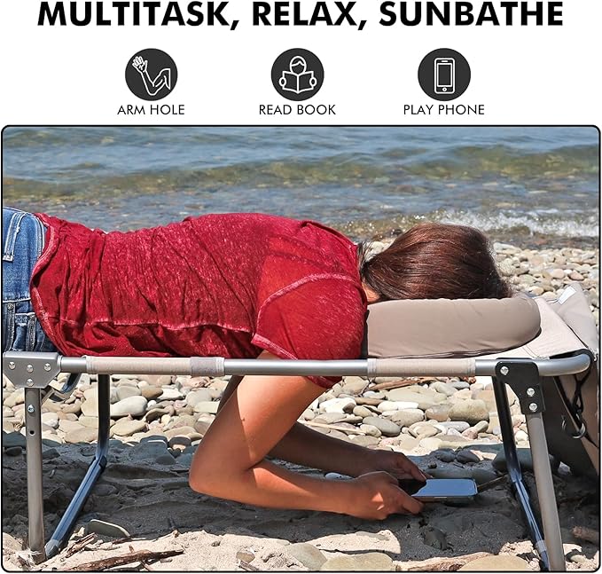 Oversized Extra Wide Tanning Chair with Sun Canopy Face Hole Padded Adjustable Washable, Heavy Duty Layout Folding Lounge Chair for Outside Beach Reading Sunbathing, UPF 50+, XL, Plus Size, 330 LBS