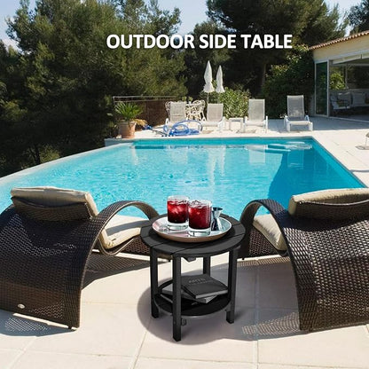 Round Adirondack Outdoor Side Table, 17.7" Small Patio End Table, 2-Tier HDPE Plastic Table for Poolside Porch Garden, Weather Resistant & Easy Assembly (Black)